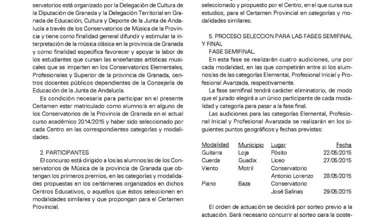 Convocatoria de las bases IV Certamen de Interpretación Musical en Granada