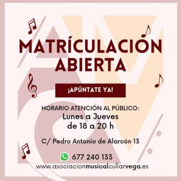 Abierto plazo de matriculación 2026-2027 para las clases en la Asociación Musical Cúllar vega