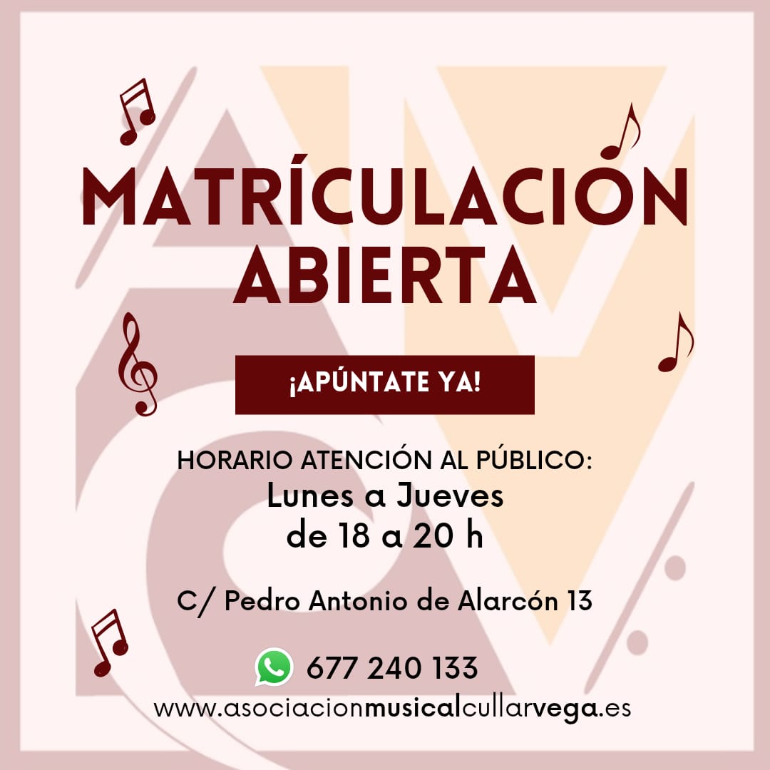 Abierto plazo de matriculación 2026-2027 para las clases en la Asociación Musical Cúllar vega